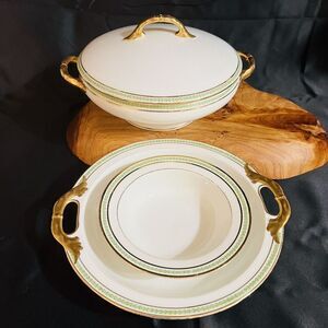 Antique 4pc Limoges Charles Martin Green Laurel Gold Serving Pieces; C. 1900